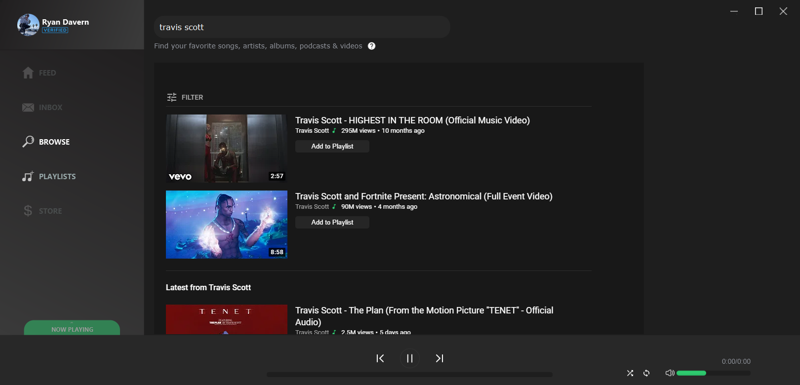 Browse Page lets you search for music, import playlists & view artists.