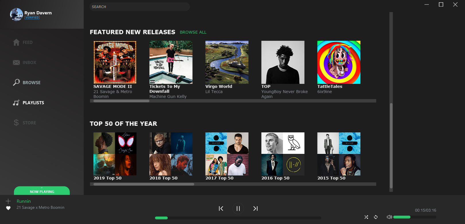 Playlist page also displays featured albums and custom curated playlists from billboard.